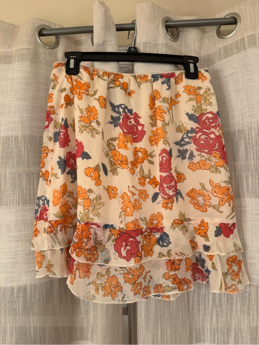 VTG Floral Tiered Chiffon 100% Silk Mini Skirt - Cream with Orange & Red Blooms